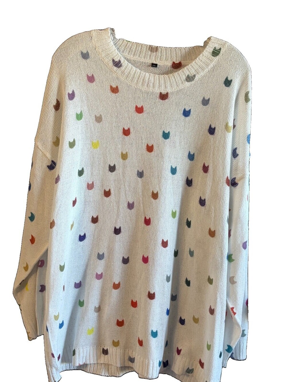 White Multicolor Cat Head Print V-Neck Knit Sweater Womens 3XL Catcore Whimsical